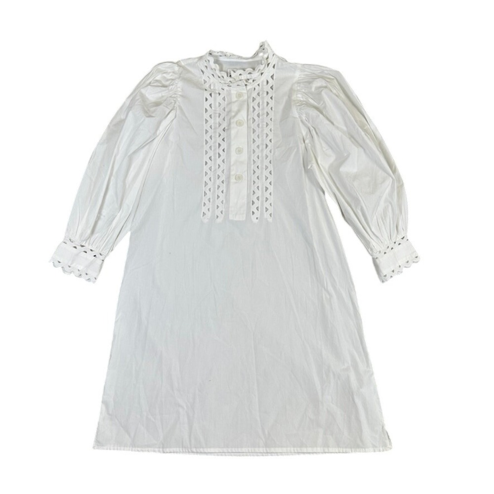 Antik Batik White Cotton Eyelet Tunic Dress Puff Sleeve Boho Sz M 40